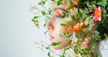 Ethereal Beauty Merges with Flora in a Stunning Visual Harmony, banner with copy space