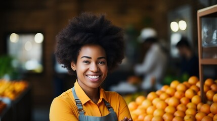 Happy female supermarket worker smiling at the camera in the fresh fruit section