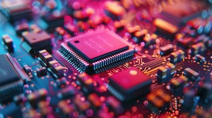 Capture the intricate patterns and colors of semiconductor chips up close to highlight their advanced technology Bring out the intricate design elements to convey the complexity and importance of thes