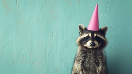 Cute little standing racoon with pink party hat on blue wall background