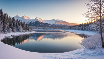 Beautiful winter scenery of snow-capped mountains at sunset, trees with frost and a river