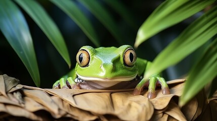 Red-eyed tree frog agalychnis callidryas in lush natural habitat with copy space