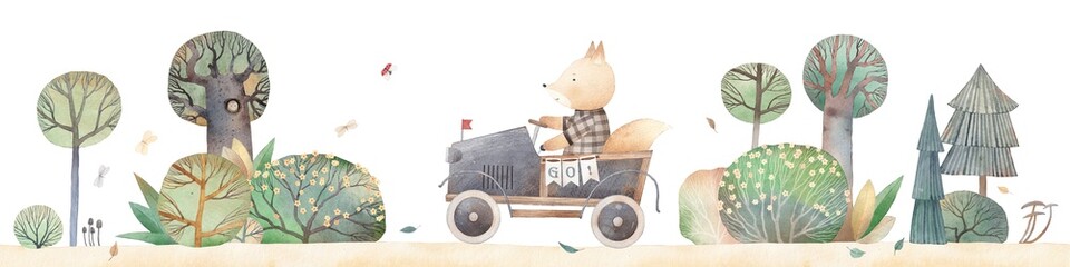 Fox rides in a vintage sports car. Watercolor illustration. Children's decor. Landscape with car and flower bushes.