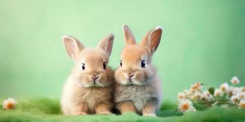 Fototapeta na wymiar Cute rabbits on green background