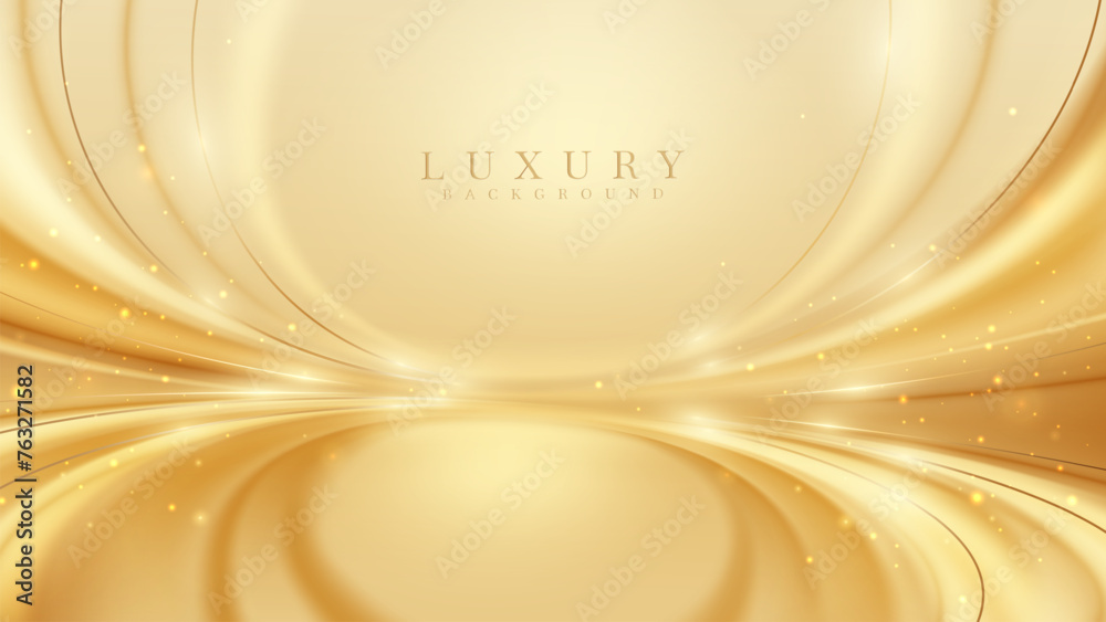 Poster elegant abstract background of golden swirls line with shimmering particles and bokeh decorations, w