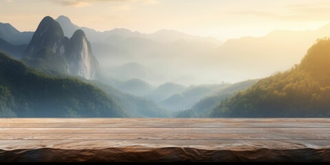 Empty rock stone tabletop with misty mountain relax scene nature landscape at sunrise background