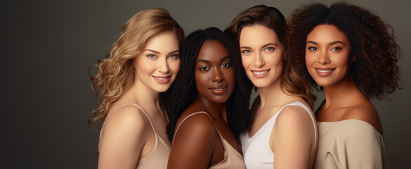 Portrait of diverse group beautiful plus size women with natural beauty and glowing smooth skin, fashion models with great skincare of all races, body Positive As lifestyle multicultural