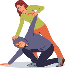 Woman knows self-defense techniques fights back robber, holding criminal until police arrive. Self-defense training for girl wants to have time to stand up for herself during night walks