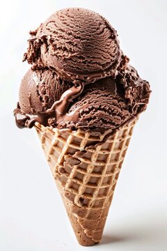 Close up delicious choccolate ice cream with cone isolated over white background.