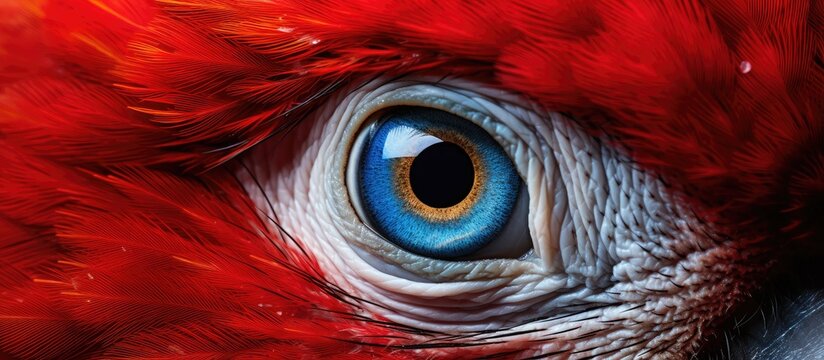 A detailed closeup of a parrots striking blue eye reveals intricate patterns in the iris, surrounded by delicate feathers and a sharp beak, a masterpiece of natures artistry