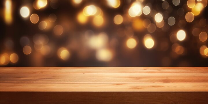 Empty wooden table and bokeh lights background