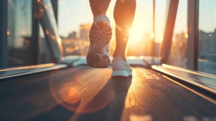 Running on a treadmill with sunlight in a gym.