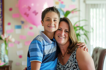 Portrait of a mother and her son in a home scene during Mother's Day celebration with balloons and party items in the background