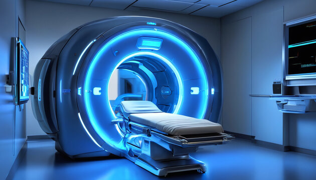 Modern magnetic resonance imaging (MRI) machine. Project in a contemporary hospital. Generative AI.