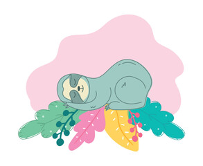Cute sleeping sloth animal. Lazy wild animal. Vector illustration