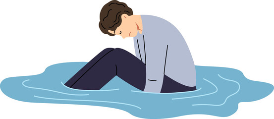 Depressed man sits in puddle of tears, feeling apathy after breaking up with girlfriend or being fired from job. States of apathy in guy in need of friendly support or help from psychologist