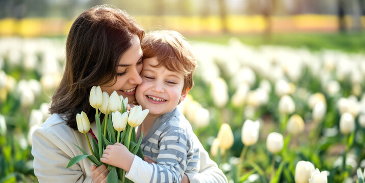 Adorable scene of a little boy giving flowers to his mother for Mother's Day on a flower field background and copy space