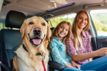 Golden retriever with a big smile seated in a car between a woman and child, all sharing a joyful moment.