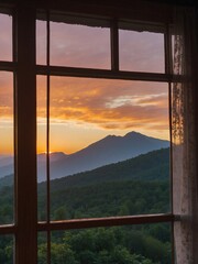 view sunset in mountain range seen through the window sunset 
