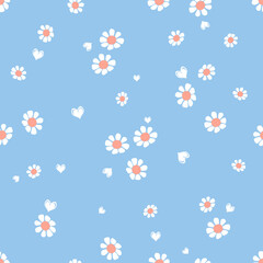 Seamless pattern with cute flower and white heart on blue background vector.