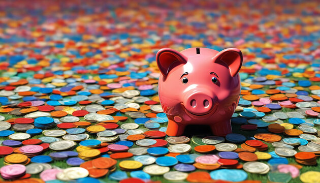Large pink piggy bank for storing money and coins. In a colorful style, generative AI.