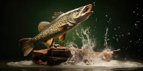 Fishing trophy freshwater pike fish jumping out of water 