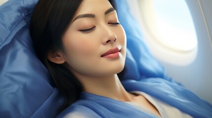 Tranquil asian woman relaxing in comfortable business class airplane seat, asleep during flight