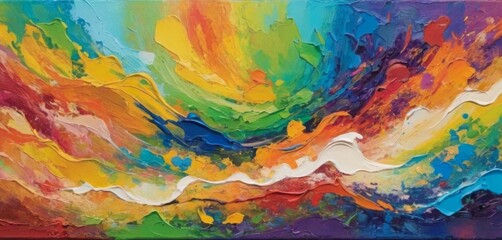 Abstract painting featuring multi color bold strokes and layers of thick impasto technique, creating a vivid and expressive composition.