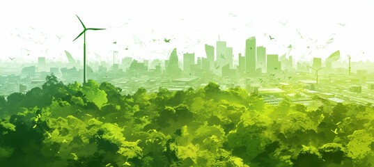 A green city skyline with buildings designed to blend in seamlessly, incorporating elements like solar panels and wind turbines on the roofs, - obrazy, fototapety, plakaty