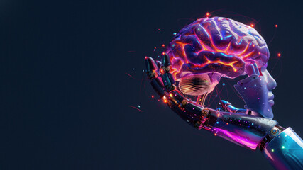 Futuristic representation of artificial intelligence with a robot hand delicately holding a brightly illuminated brain