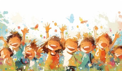 A group of happy children with their hands raised, smiling and laughing joyfully. T