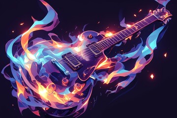 A guitar made of colorful smoke and paint, with an electric glow against the black background. 