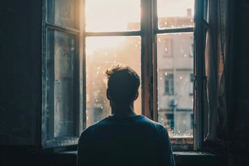 A solitary figure is silhouetted against a window, lost in thought as the first light of dawn creeps in, evoking introspection and the quiet hope of a new day