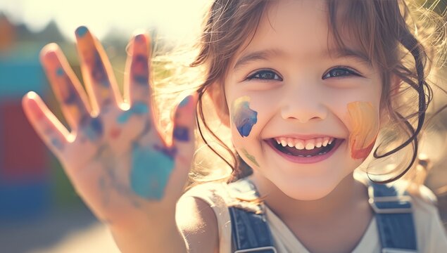 A happy child with paint on her hands smiles while painting, showing their painted hand 