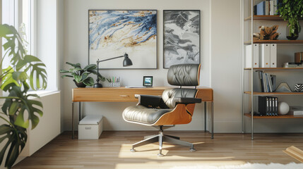 A tasteful home office environment with vibrant wall art, a classic designer chair, and warm wooden tones.