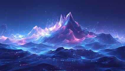 A landscape made of colorful glowing data points, forming the shape of an undulating mountain range with peaks and valleys, against a dark background. 