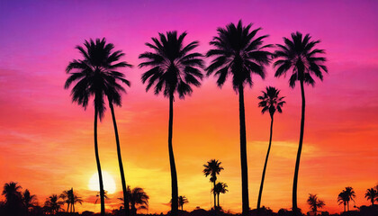 Fototapeta na wymiar Sunset over the ocean with palm trees in retro colors. Generative AI.
