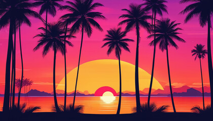 Sunset over the ocean with palm trees in retro colors. Generative AI.

 - obrazy, fototapety, plakaty