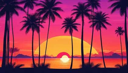 Fototapeten Sunset over the ocean with palm trees in retro colors. Generative AI.   © 4K_Heaven