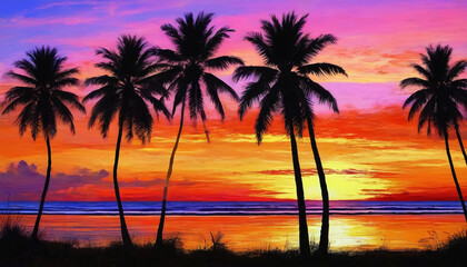 Fototapeta na wymiar Sunset over the ocean with palm trees in retro colors. Generative AI.