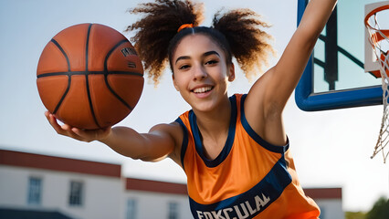 Active teenage girl rebounding in basketball game
