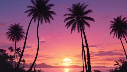 Fototapeten Sunset over the ocean with palm trees in retro colors. Generative AI.   © 4K_Heaven