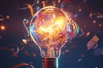 A light bulb exploding with colorful energy, symbolizing creative ideas and innovation in digital marketing. 
