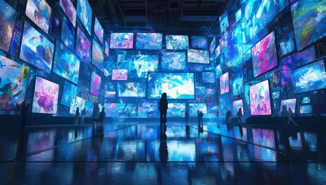 A large room with walls full of flat screen televisions displaying colorful images. 