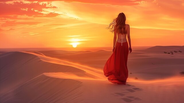Woman in the desert. Sunset. Romantic moments of love. 