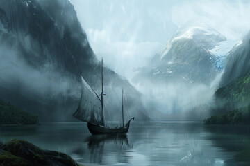 Majestic Viking Ship Journeying Through Misty Nordic Fjord Banner - obrazy, fototapety, plakaty
