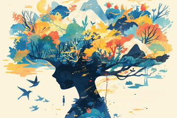 A colorful illustration of the concept "The mind is like an garden, filled with beautiful and peaceful trees 