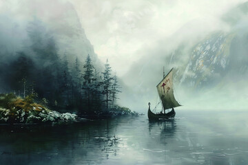 Mystical Voyage: An Ancient Vessels Silent Journey Through Misty Waters Banner