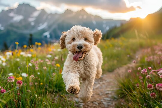 Dog in the mountains is running. Nature landscape poster with dog. 