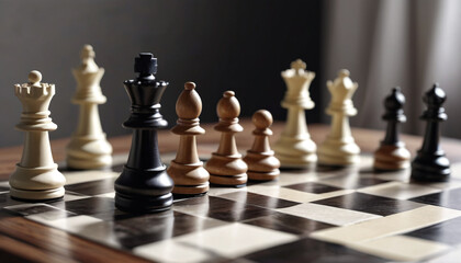 Chess pawns on a chessboard. The pawns are in various colors and styles, generative AI.

